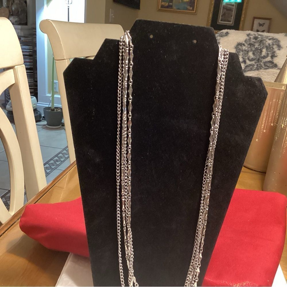 Shiny Double Chain Silvertone Long Necklace - Picture 2 of 9